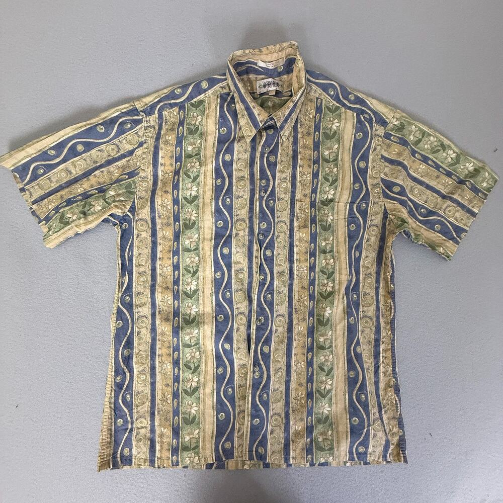 Vintage Camo Mode Abstract Cotton Button-Up Shirt Green Blue, Mens L